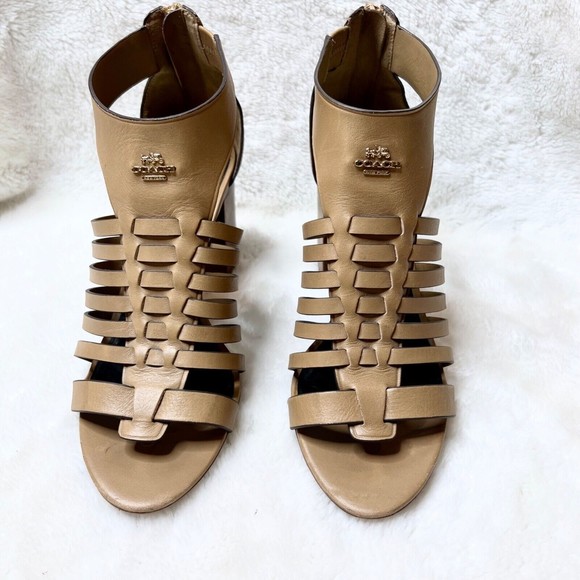 Coach Shoes - Coach Womens Leandra Sandals Size 8b Nude Tan Neutral Calf Leather Chunky Heel